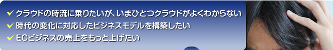 クラウドの時流に乗りたいが、いまひとつクラウドがよくわからない/時代の変化に対応したビジネスモデルを構築したい/ECビジネスの売上をもっとあげたい